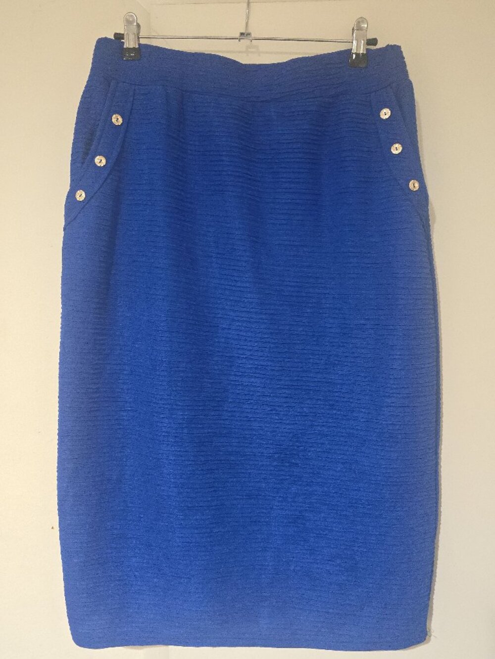 Ana & Rose Royal Blue Textured Pencil Skirt Women's L Pull On Silver Button Pock